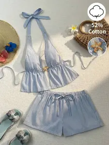 ARTYOTI Blue & White Striped Cotton Fabric Deep V Cardigan, Tie-Back Camisole And Straight Leg Drawstring Pocket Pants Set, Women Spring/Summer Vacation Beach Minimalist