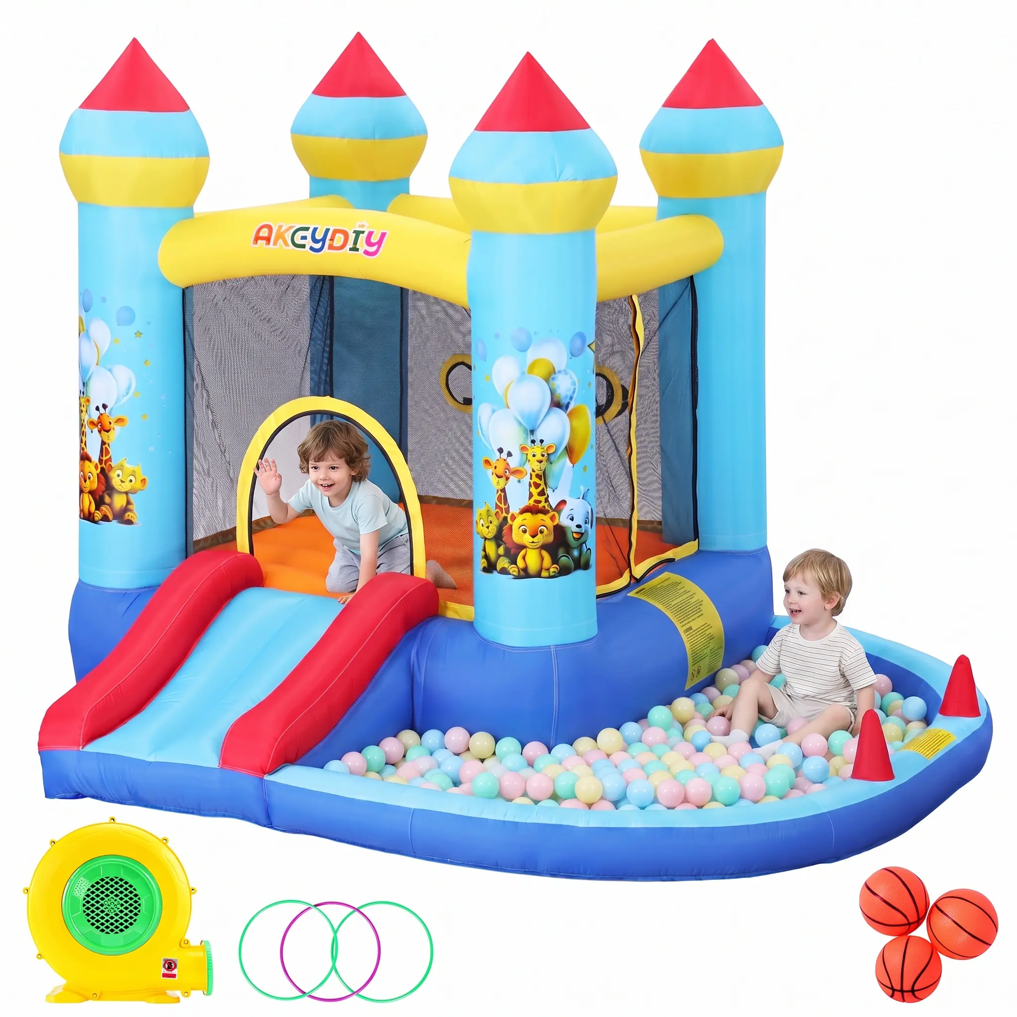 AKEYDIY Kids Inflatable Bounce House - Jungle Animal Print Themed Playground Equipment with 370W Blower Power, Slide, Ball Pit, Ring Toss, 840D+420D Oxford Fabric, Easy Setup, Durable Safe Design, All-Season Outdoor Play, Holiday Kid Gift, SohoChic