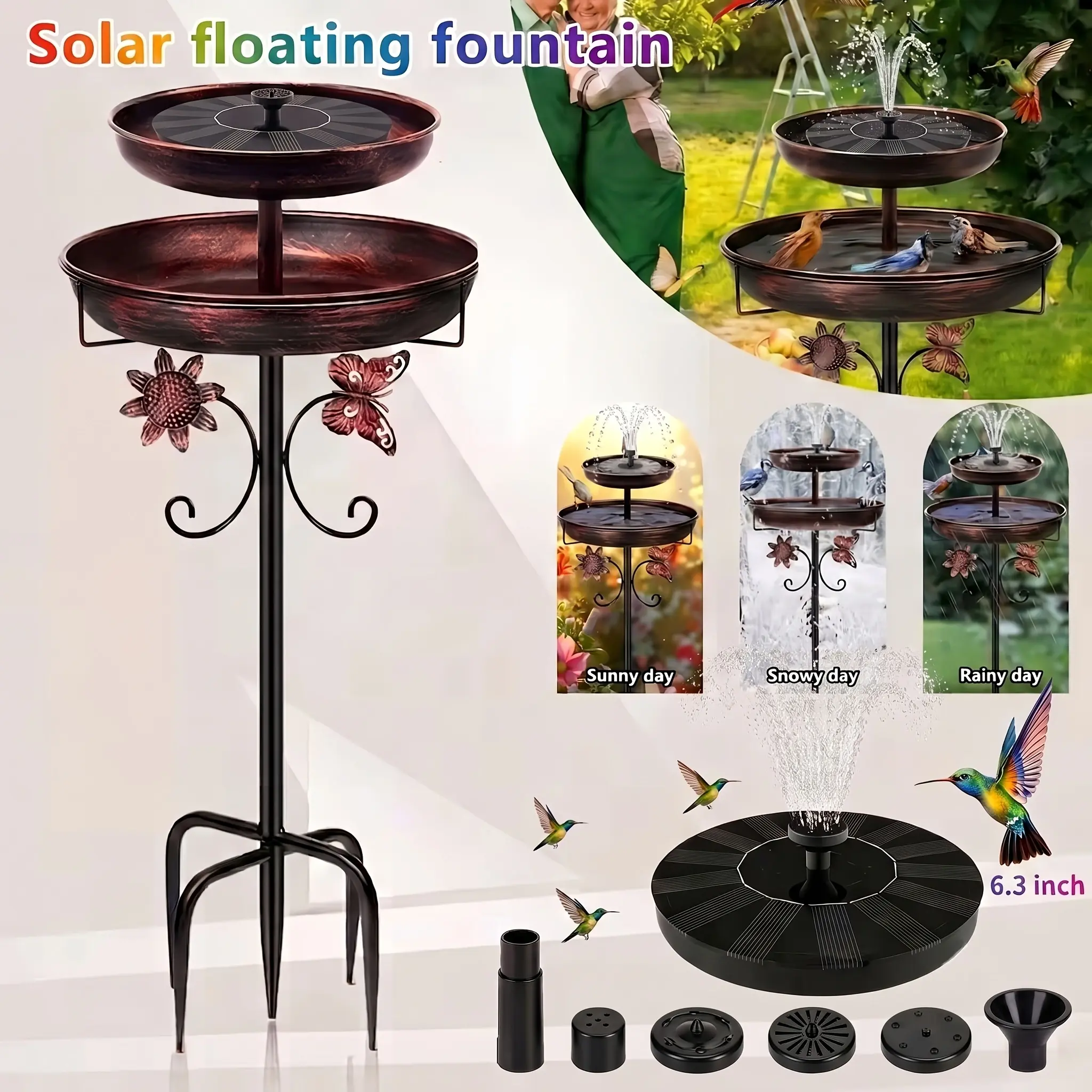 Upgraded Outdoor Bird Bath with Fountain Pump Included, Vintage Dual Metal Bowls, Bronze 5-Prong Base, 45-Inch Tall Garden Decor for Backyard, Patio & Lawn