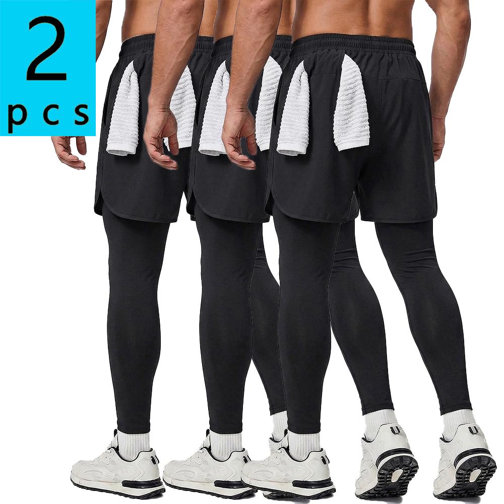 3-pack, 2-in-1 men’s athletic pants for summer—faux two-piece design with letter print running/fitness long pants featuring a  pocket; lightweight and comfortable; suitable for spring/summer everyday outdoor training and jogging; built-in phone pocket