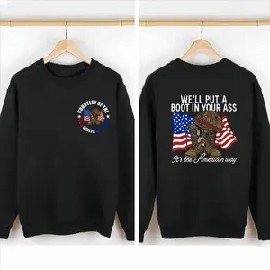 Courtesy of the Red White and Blue Sweatshirt – Patriotic Military Graphic Crewneck, American Flag Boots Vintage Design, USA Pride Country Style Unisex Pullover