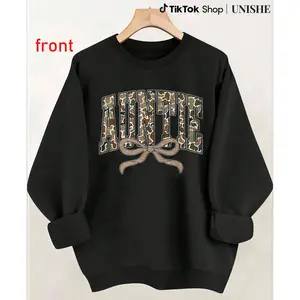 100% Retro Camo Auntie Sweatshirt – Long Sleeve Top with Feminine Coquette Bow Design