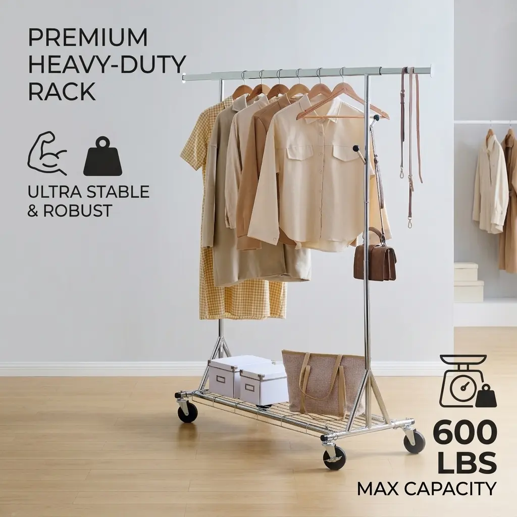 littleox Clothes Rack Heavy Duty Clothing Rack 600LBS Rolling Clothes Racks for Hanging Clothes,Commercial Garment Rack Heavy Duty Clothes Rack Collapsible&Portable Clothing Rack with Wheels