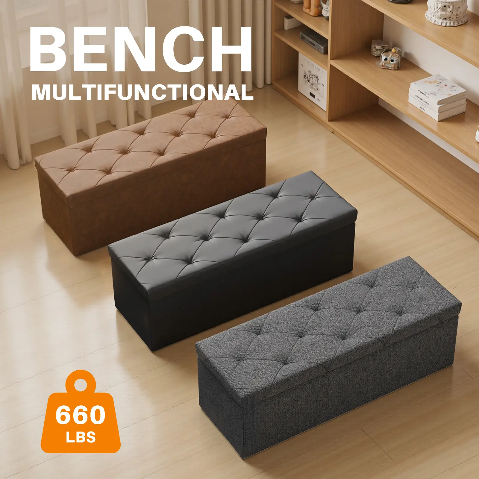 【Deal】Folding Storage Ottoman Bench, Foot Rest Stool with Padded Seat, Large Toy Box Storage Chest with Seatin, Holds up to 660 lb-Grey