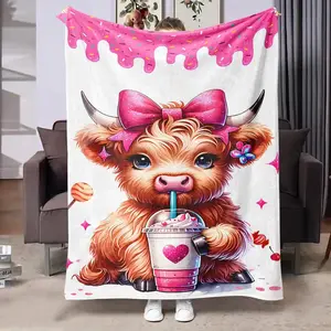 Soft Funny Throw Blanket Cartoon Highland Cow Pattern Blanket, 1 Count Soft Warm Throw Blanket, Air-conditioned Room Blanket, Warm Nap Blanket for Home Office Camping Travel