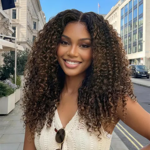 UNice Ombre Chestnut Brown Burmese Curly Wig No Slip Glueless 7x5 HD Lace Closure Human Hair Wigs with Drawsting Beginners Friendly Natural Looking