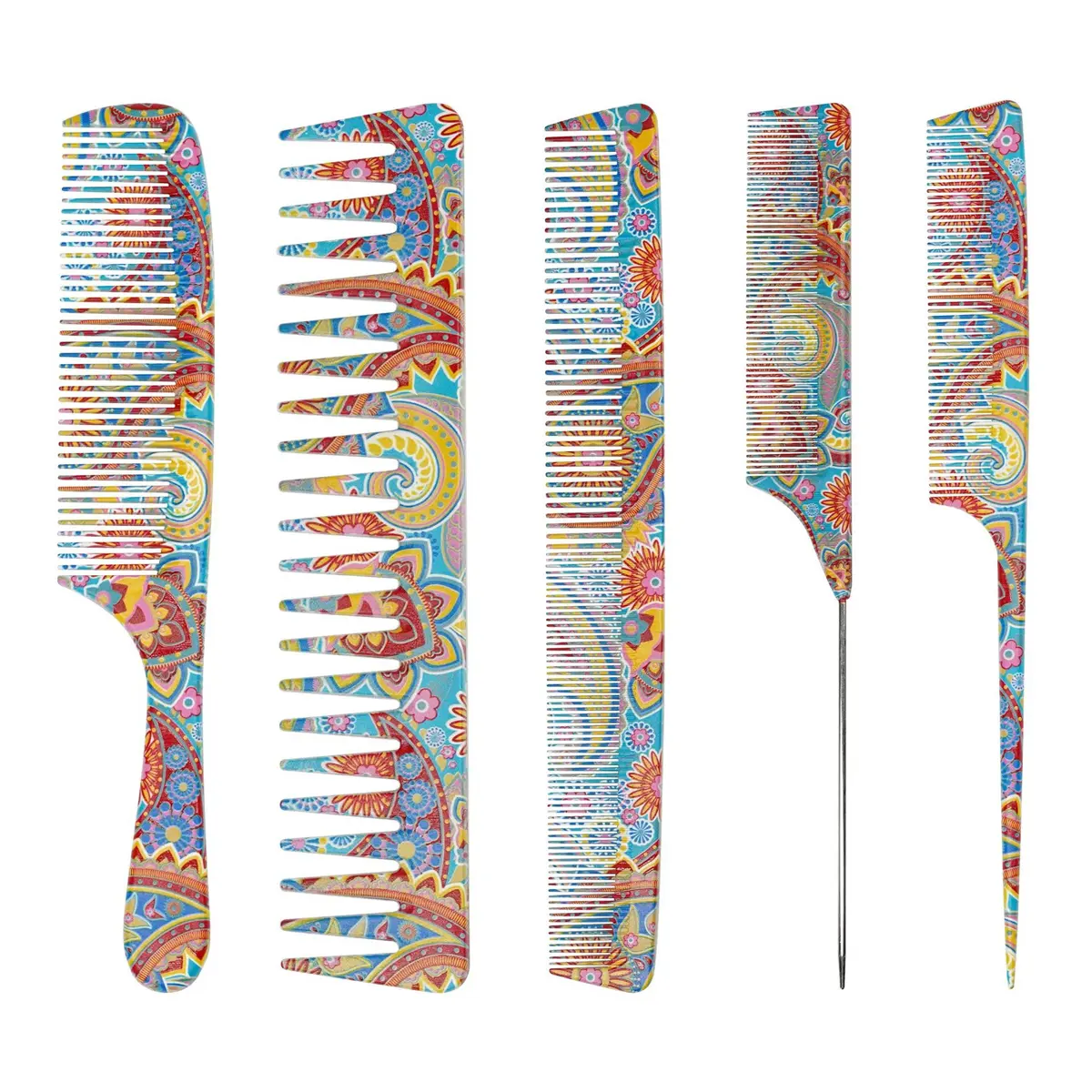 5 Pack Professional Hair Combs Set, Different Sizes Paisley Pattern Styling Combs, Heat Resistant Salon Hair Comb Kit for Parting, Braiding, Detangling & Hair Styling