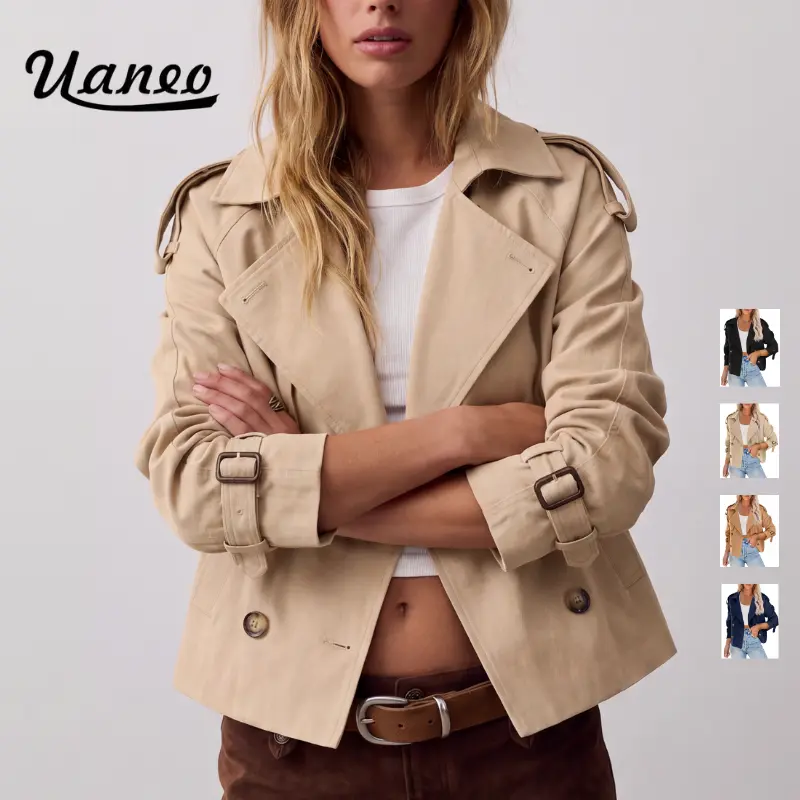 UANEO Women's Double Breasted Short Duster Trench Coat Lapel Loose Windproof Cropped Jacket Coat with Pockets,Spring,Fall