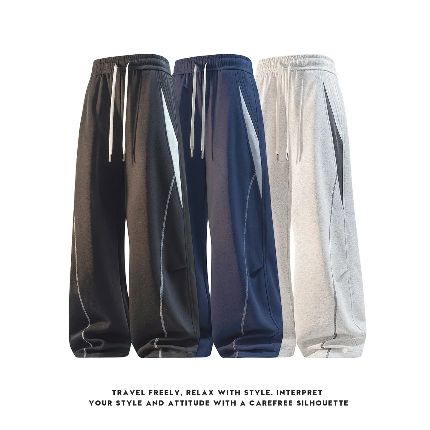 Men’s wide-leg sweatpants with contrast stitching, elastic waistband, baggy pants for casual streetwear