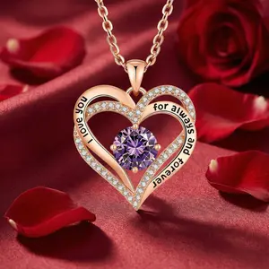 14K Rose Gold Heart-Shaped Necklace with Birthstone Customizable Gift for Mother/Wife Valentine's Day Women's Jewelry Decor Hanging