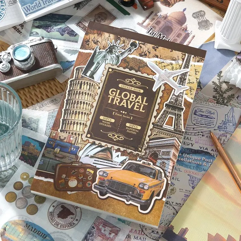 Vintage Travel Themed Sticker Book, 50pcs/set Scrapbook & Journal Making Material Paper, DIY Decorative Sticker for Stationery & Water Bottle & Luggage, Aesthetic Stickers