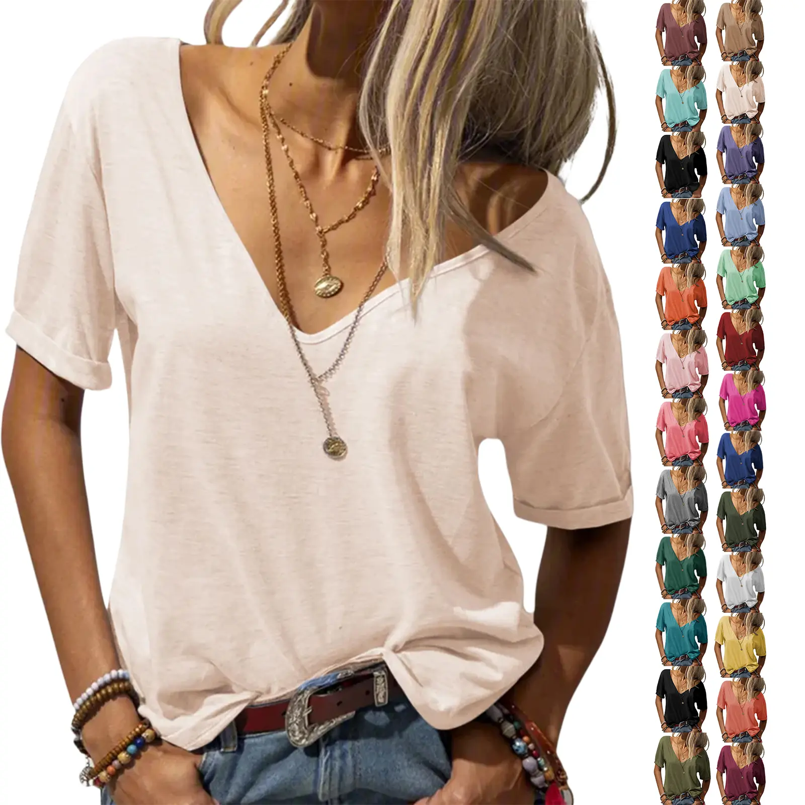 Tankaneo  Women Fashion Deep V-Neck Short Sleeve Tops Solid Casual Loose Basic T Shirt Summer Jeans Lightweight Tshirt