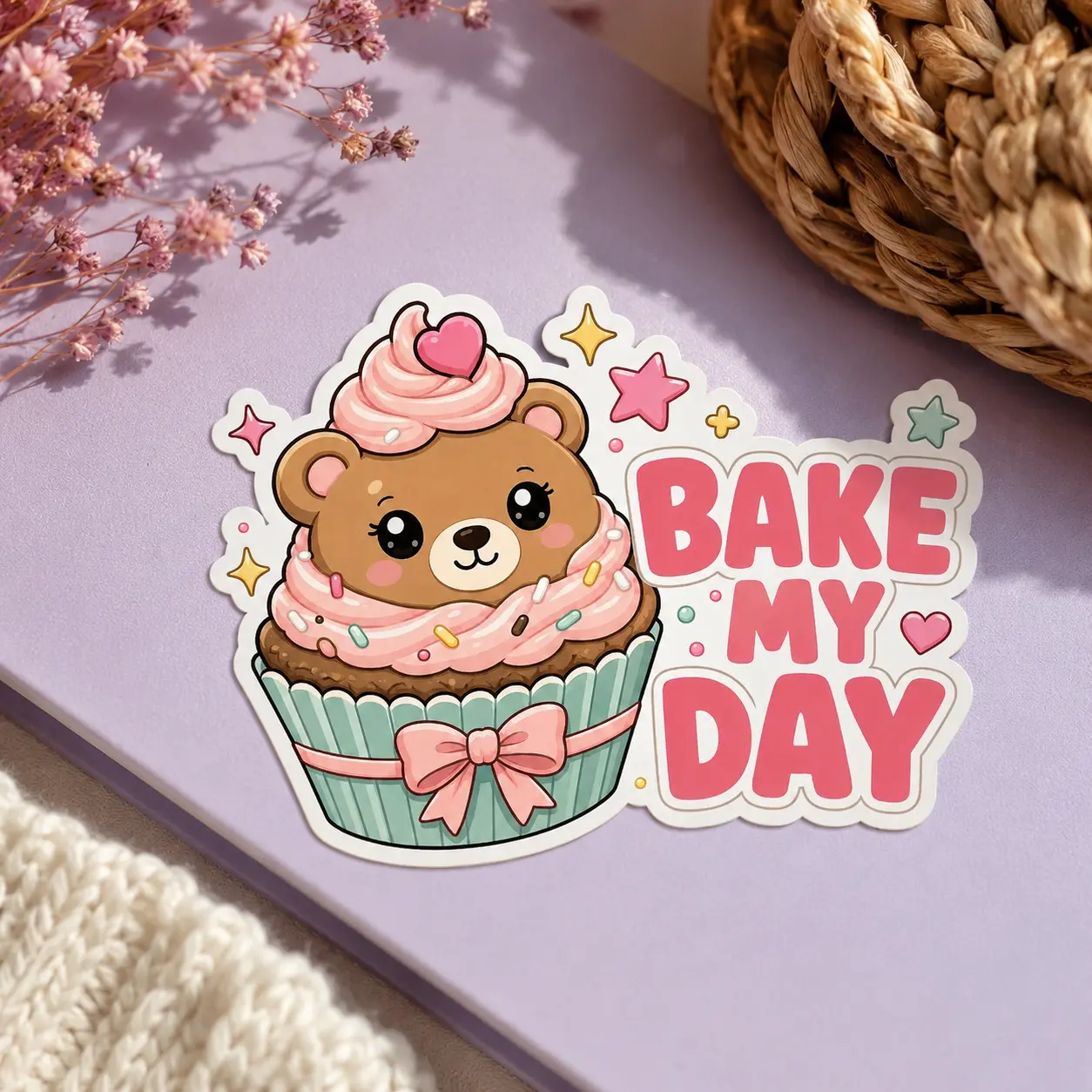 Bake My Day Bear Cupcake Sticker | Cute Kawaii Bakery Bear Vinyl Sticker | Waterproof Die Cut Decal
