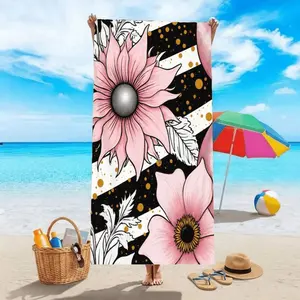 Extra Large Beach Towel for Women, Vibrant Pink Floral Design with Silver Yellow Centers, Quick Dry Absorbent Summer Towel, Perfect Gift for Friends Family, Ideal for Beach Pool Travel Picnic Sunbathing, Bold Black White Golden Artistic Print