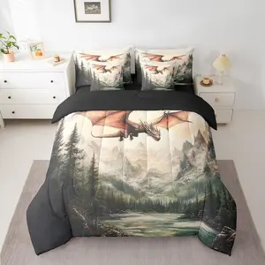 Dragon Comforter Set for Room Decor,Natural Mountain Landscape Bedding Set 7 Pcs,Magical Flying Wildlife Bed in a Bag