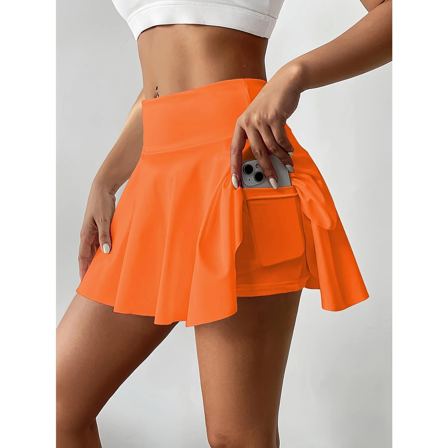 Women's Sports Skorts, Plus Size Plain High Waist Stretchy Fitness 2-in-1 Built-in Shorts Skirts With Phone Pockets - For Women - Suitable for Sports & Fitness Activities - Perfect Gift for Koningsdag/King's Day