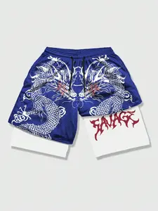 Men's Dragon & Star Print 2 in 1 Drawstring Waist Shorts, Regular Fit Casual Comfy Sports Track Shorts for Summer, Fashion Men's Bottoms for Daily Wear