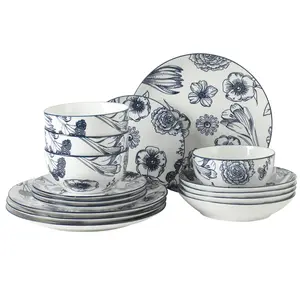 Gibson Home Westerly Court 16-Piece Dinnerware Set, Blue Floral Stoneware Plates & Bowls, Service for 4, Round Durable Everyday Dish Set