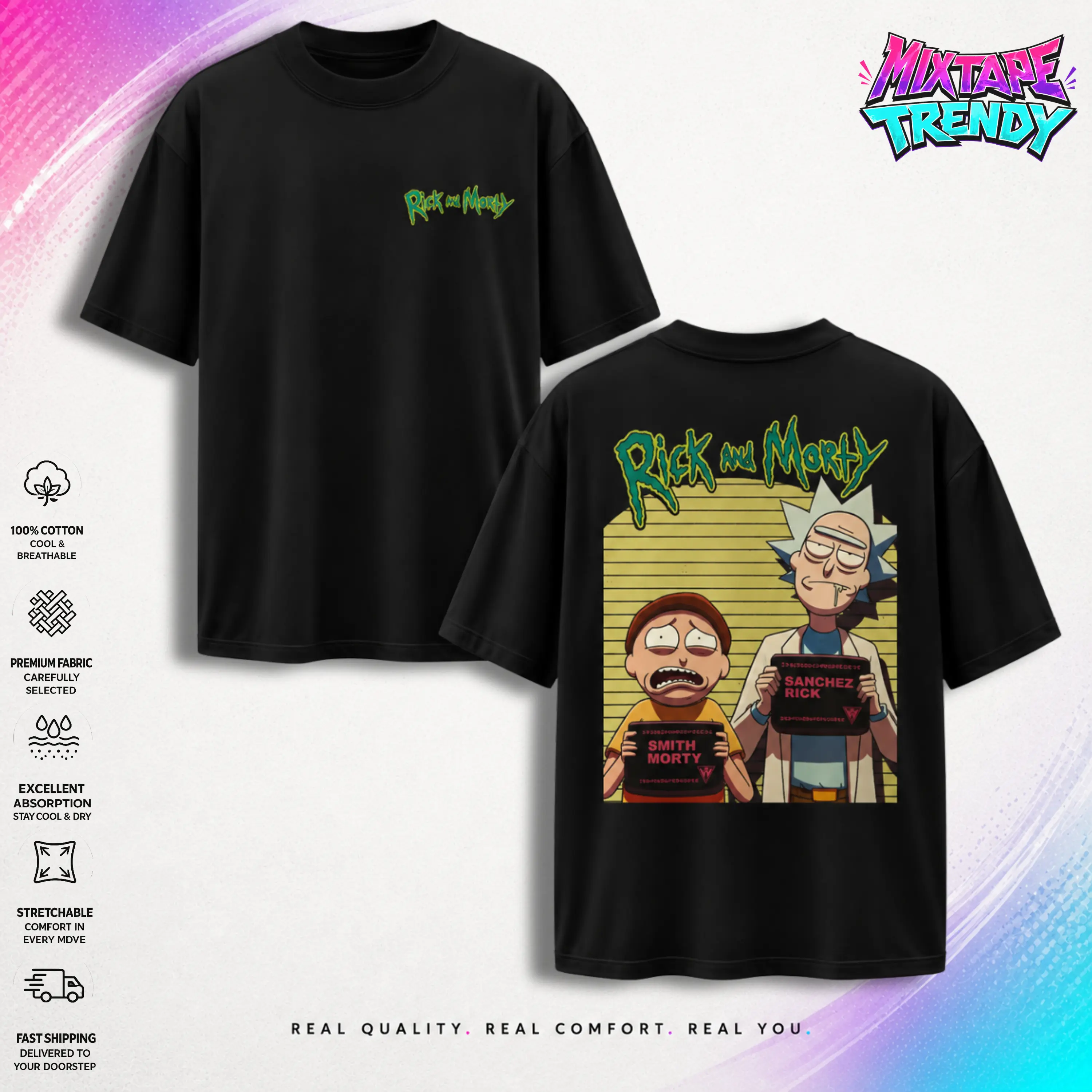 Rick And Morty Mugshot T-Shirt, Vintage TV Show and Cartoon Graphic Tees - Y2K Premium Cotton Top Trendy Gift for Fans Made in US