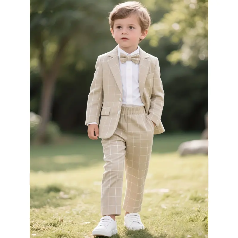 Boys' 3-Piece Button-Up Suit Set - Suit Jacket, Pants, Bow Tie - Elegant Style for Birthday Parties, Weddings, Bow-Tied Boys' Suits, Button Up Boys' Suits