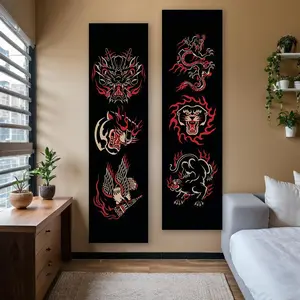 Chinese Mythical Animal Pattern Tapestry, 1 Count Vertical Tapestry with Flame Details, Fiery Loong, Lion, Tiger, and Eagle Designs Long Narrow Banner Tapestry, Decor, Wall Hanging Tapestry