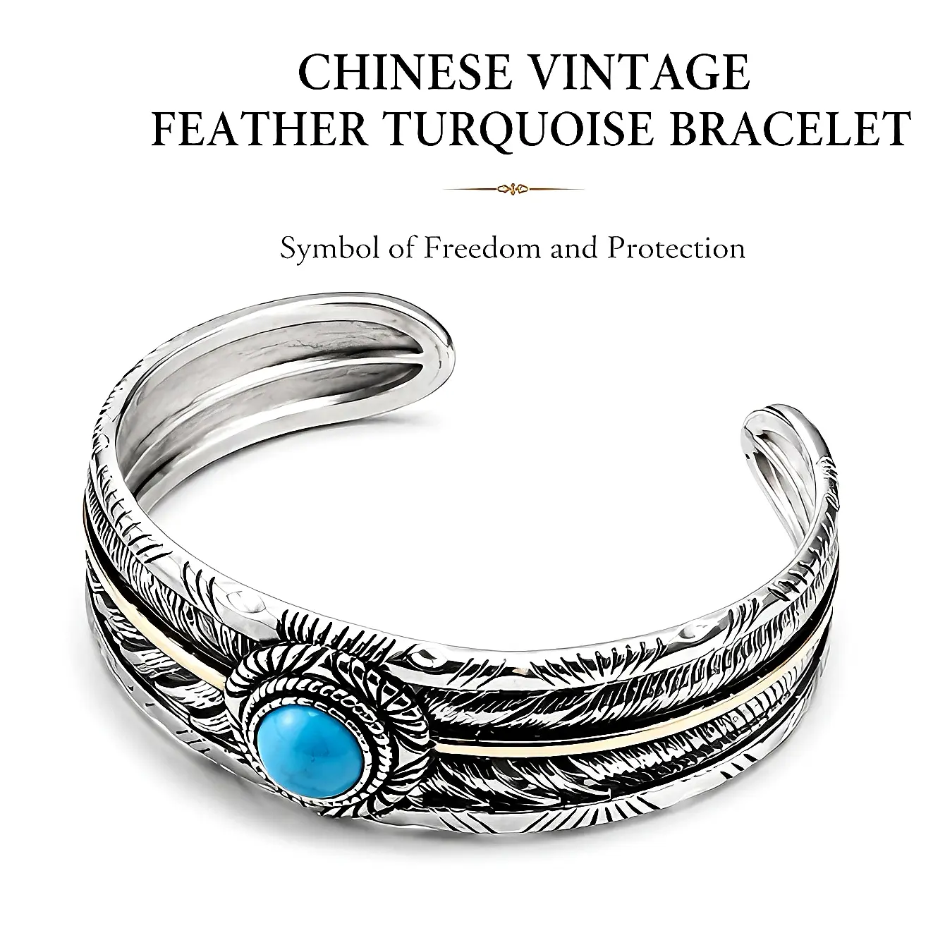 Retro Twisted Feather Cuff Bracelet, Copper Plated with Turquoise, Adjustable for 2.35"-2.95" Width, Lead-Free for Daily Wear, Unisex Anniversary Birthday Gift Ready