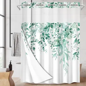 1PC Double Layer Shower Curtain, No Hooks, Hookless Shower Curtain, Watercolor Eucalyptus Leaf Print Waterproof Fabric, Fresh Botanical Home Decor, Hotel Bathroom Accessory, Detachable Buckle Shower Curtain and Liner, Bathroom Room Divider