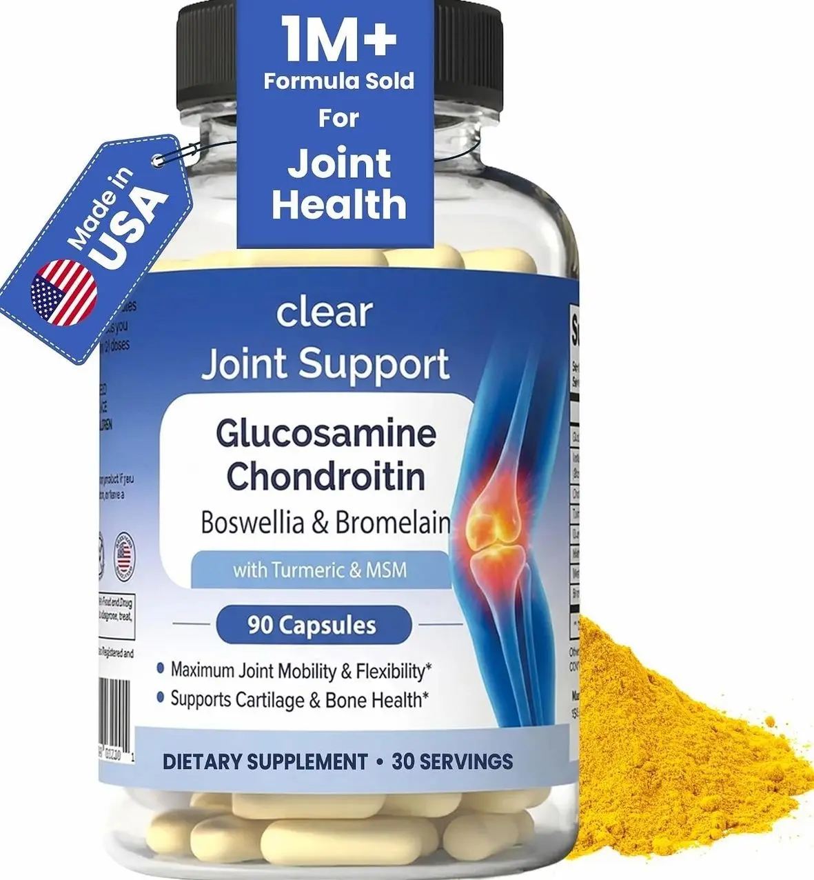 Clear Joint Support - 1500mg Glucosamine Chondroitin MSM - 8 in 1 Joint Health Supplement with Turmeric and Boswellia for Men & Women, Knee, Hip & Back Support, Made in USA, 90 Capsules