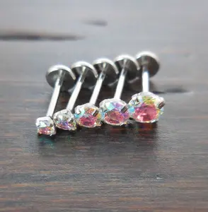 20G 2-4mm Tragus Threadless 6mm-8mm Push Pin Triple Helix Nose Ring Labret Lip Earrings Steel Prong Set AB Rainbow Auroral Borealis Crystal
