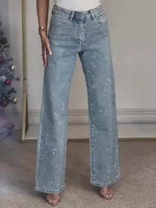 DPSHOP Women's Straight-Leg Jeans With Sparkly Rhinestone-Embellished Pockets And Zipper, Long Casual Party/Christmas Style