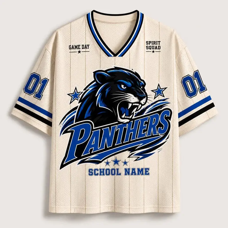 Personalized Panthers Mascot Football Jersey, Custom Name Number Mesh Jersey, School Spirit Game Day Shirt