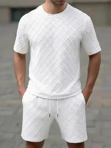 Comfortable Summer Essential Men's Set Textured Knit Fabric Short Sleeve Crew Neck Top and Loose Fit Shorts Great for Indoor Relaxation and Casual Daily Looks