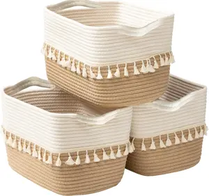 Set of 3 Cotton Rope Storage Baskets with Tassels – Boho Woven Bins for Toys, Clothes, Nursery & Home Decor – Neutral Organizer Baskets for Shelves & Closet Decorative Cream Laundry Minimalist storage cube Room Kitchen