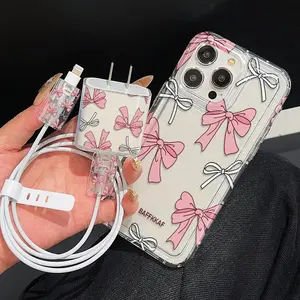 5 Piece Set Transparent iPhone Case with Charger Cover, Cable Protector & Storage Rope, Anti-Drop Tpu Shell for iPhone Models