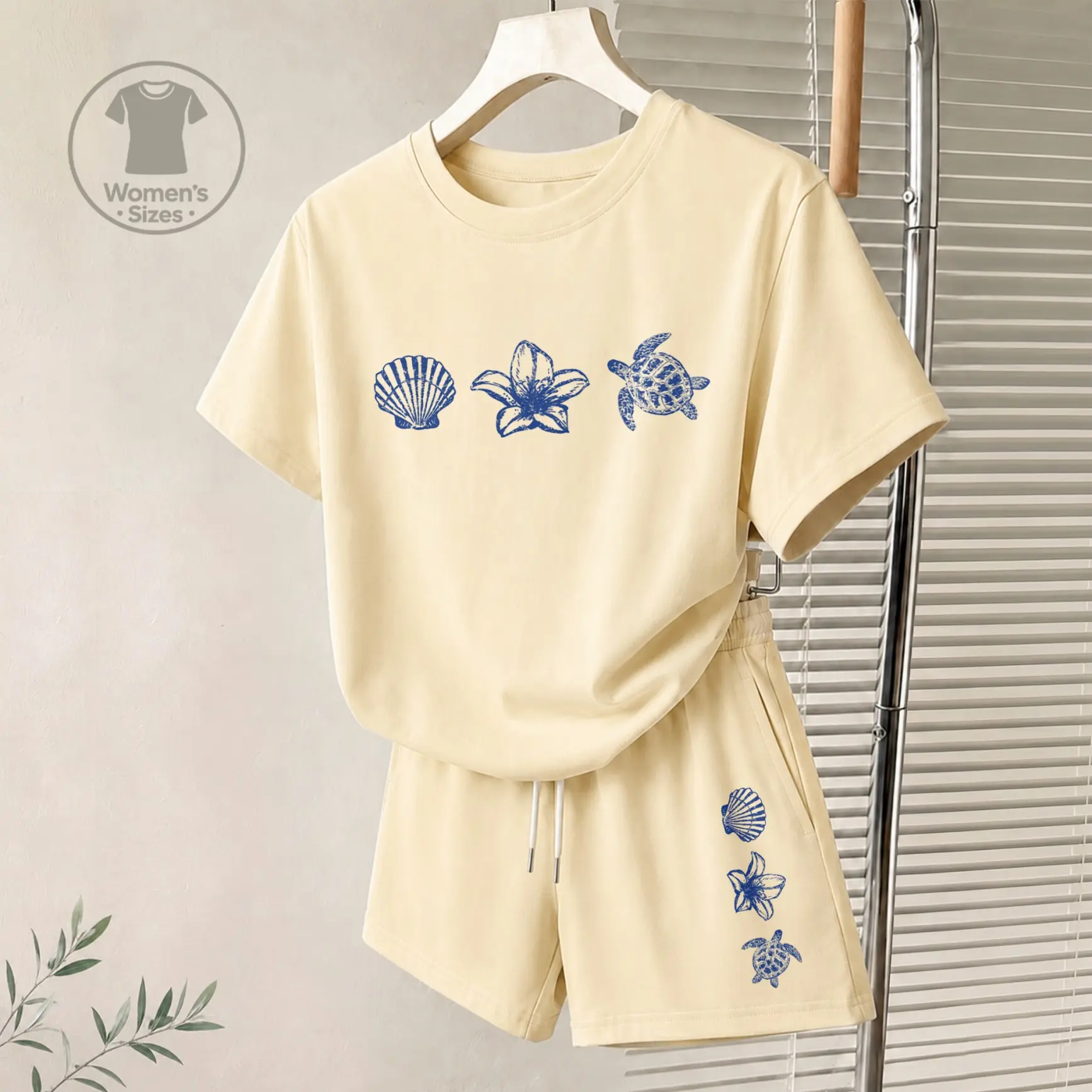 Women's Casual 2-Piece Fashion Apparel Set - Ocean Animal Print Short-Sleeve T-Shirt, Elastic Waist Shorts Outfits for Summer Vacation, Lounging Lady, Style, Clothes, 2 Piece Sets, Women 2 Piece Sets
