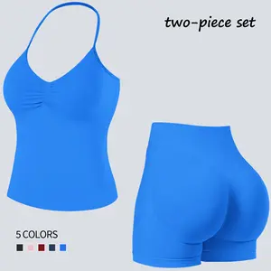 Jetjoy Workout Sets for Women,Gym Sets for Women 2 Piece Gym Outfits Seamless Longline Halter Backless Crop Top Scrunch Bum Shorts  athleisure Yoga Outfits Gym Tracksuit summeroutfit activewear
