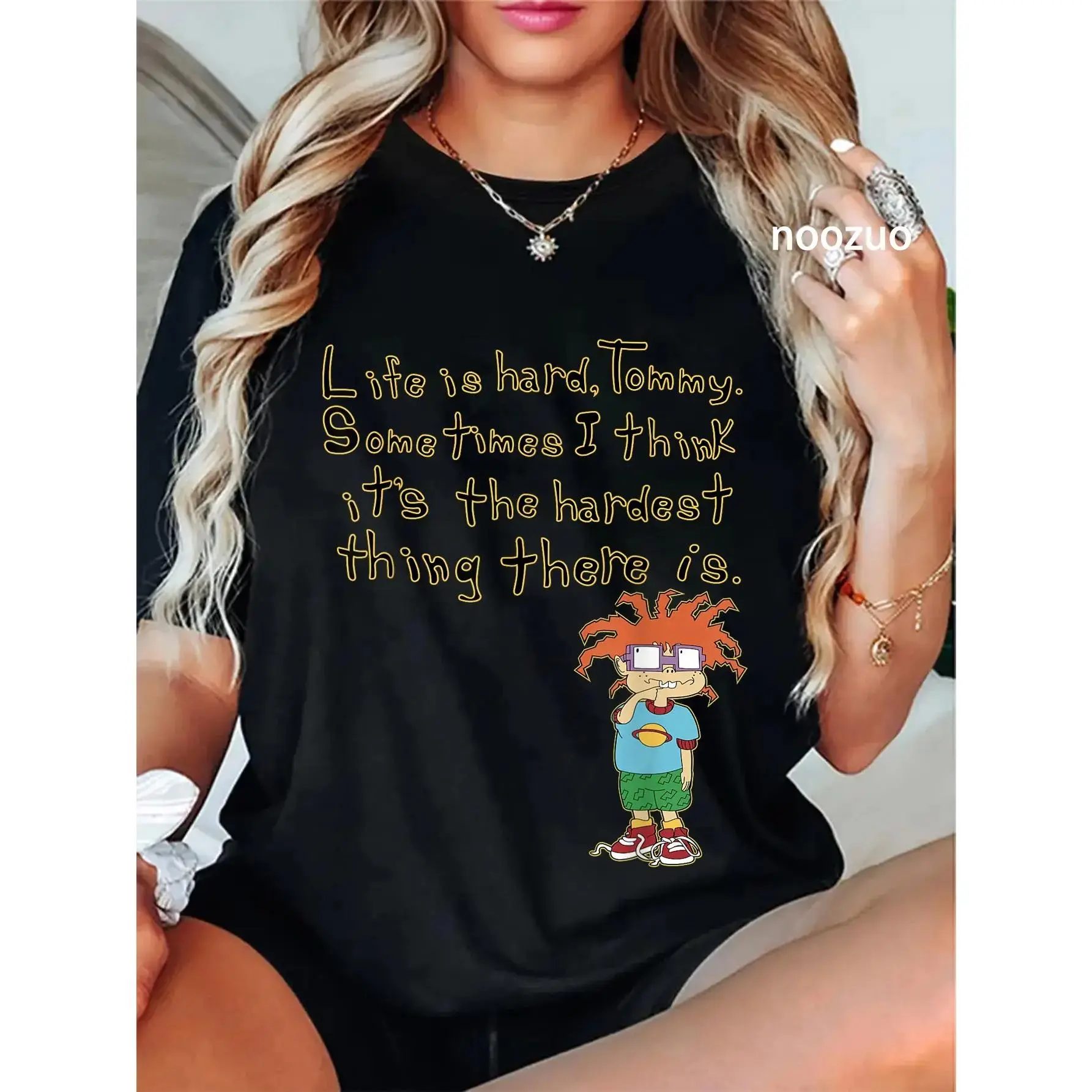 GGOR 100% Cotton Loose Unisex Short-Sleeve Casual Streetwear Tshirt, Rugrats Chuckie "Life is Hard, Tommy" Sports Top, Baggy, Oversized, Drop Shoulder, Printed, All Seasons, Graphic, T-Shirt, Large, Shortsleeve, Round Neck, Rugrats Print, Loose-Fit, Unive