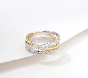 Diamonique Two-Tone Crossover Ring, Sterling Silver