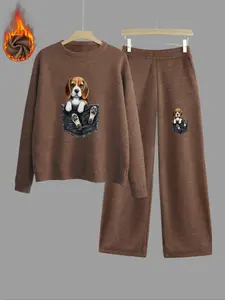 Pocket Puppy Animal Print Thickened Wool Sweatshirt Set for Women: Loose Round Neck Long Sleeve Top, High-Waisted Straight-Leg Pants, Casual Sport Two-Piece Set, Outfit