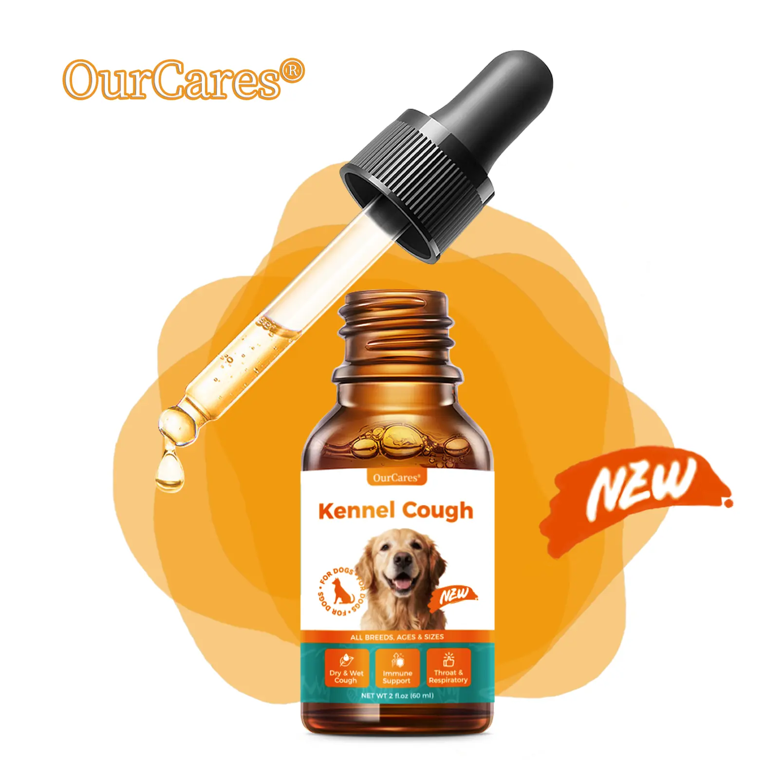 OurCares Kennel Cough Liquid Drops for Dogs (Chicken Flavor) – 60ml | With Marshmallow Root, Mullein Leaf & Ginger, Relieves Cough, Supports Immunity & Reduces Inflammation，GLB