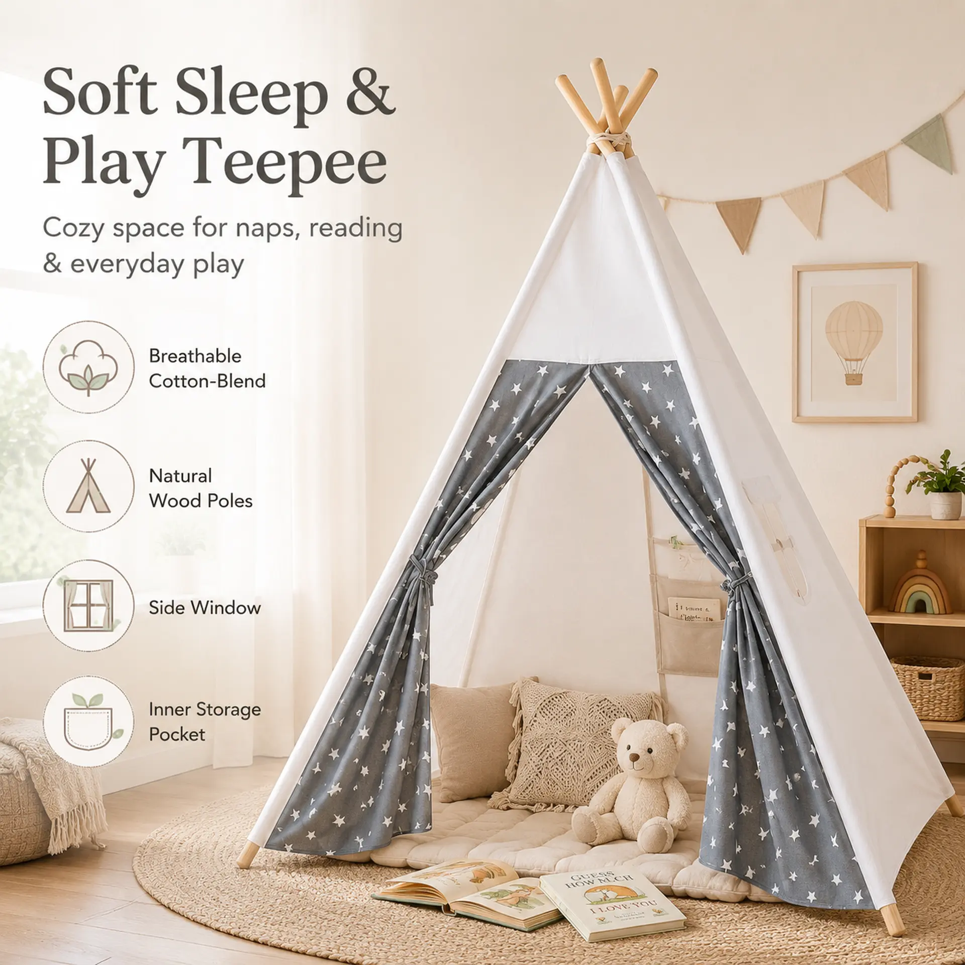 Apojungle Unisex Grey Star Print Kids' Teepee Tent - 56in Tall 47”x47” Pine Wooden Poles Playhouse, Indoor-Outdoor 4-6 Years Party Play Space with Windows, Pocket, Breathable Poly-Cotton (Lights No Star Decorations)