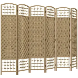 6 Panel Folding Room Divider – Natural. Wave Fiber + Hand-Woven Paper Rope & Bamboo. Solid Wood Frame + Arched Top. 94.5" L x 0.5" D x 67" H. No Assembly