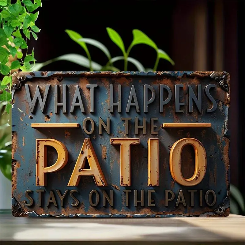 Rustic Aluminum Patio Sign - 'What Happens on the Patio Stays on the Patio' - 12x8 inch Vintage Metal Wall Hanging for Outdoor/Indoor Decor, Deck, Porch, Garden | English Text, Multipurpose Wall Art Plaque House Number Plate