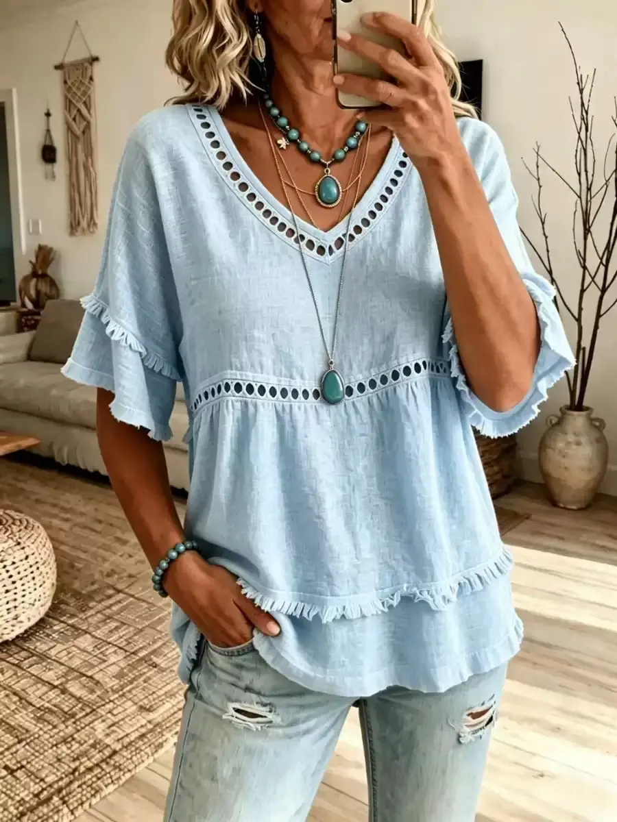 Women's Bohemian Eyelet Fringe Blouse - Loose-Fit, V-Neck, Short-Sleeve Summer Top