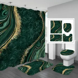 4 Pcs Luxury Marble Shower Curtain Set with Non-Slip Rugs, Toilet Lid Cover and Bath Mat, Gold Foil Emerald Green Bathroom Decor Set with Shower Curtain and Rugs and Accessories, Bathroom Decoration Accessories