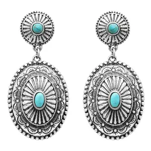 Women's Southwestern Navajo Double Concho Style Turquoise Dangle Drop Statement Earrings, 2" Length