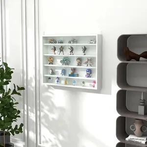 5-Tier Glass Display Cabinet – Showcase Collectibles, Medals, Miniatures & Figurines. 4 Adjustable Shelves with 7 Positions. Full-View Glass Doors. Wall-Mounted (White)