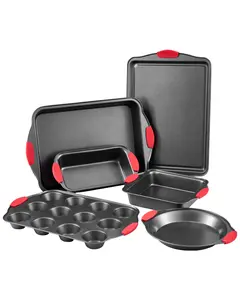 6-Piece Baking Pans Set - Nonstick Carbon Steel Oven Sheets & Trays, Stackable Kitchen Bakeware with Silicone Handles, Easy Clean, for Cookies Cakes Muffins Bread