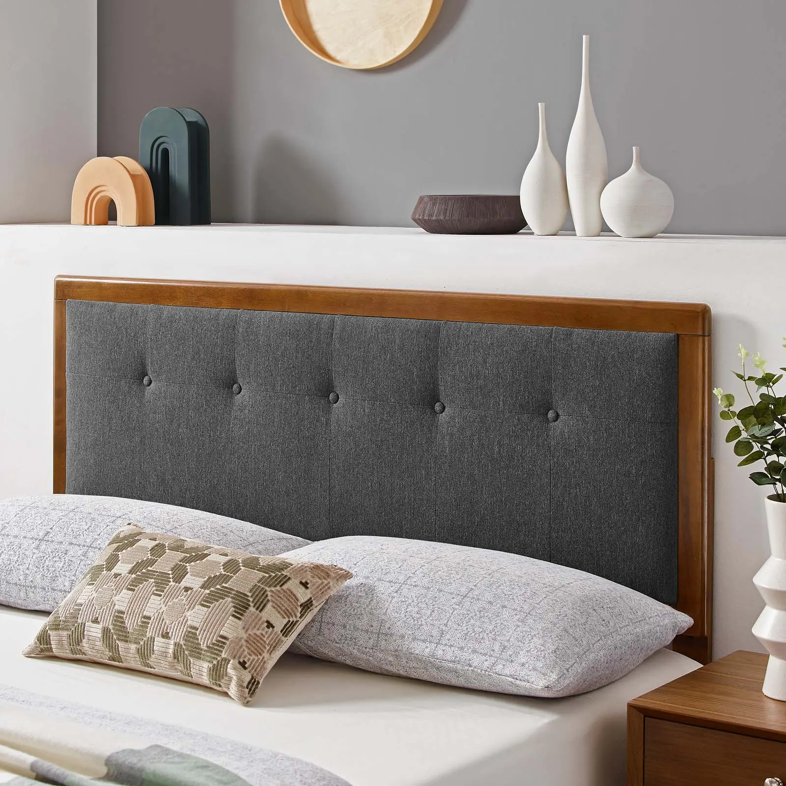 Modway Draper Tufted King Fabric and Wood Headboard in Walnut Charcoal