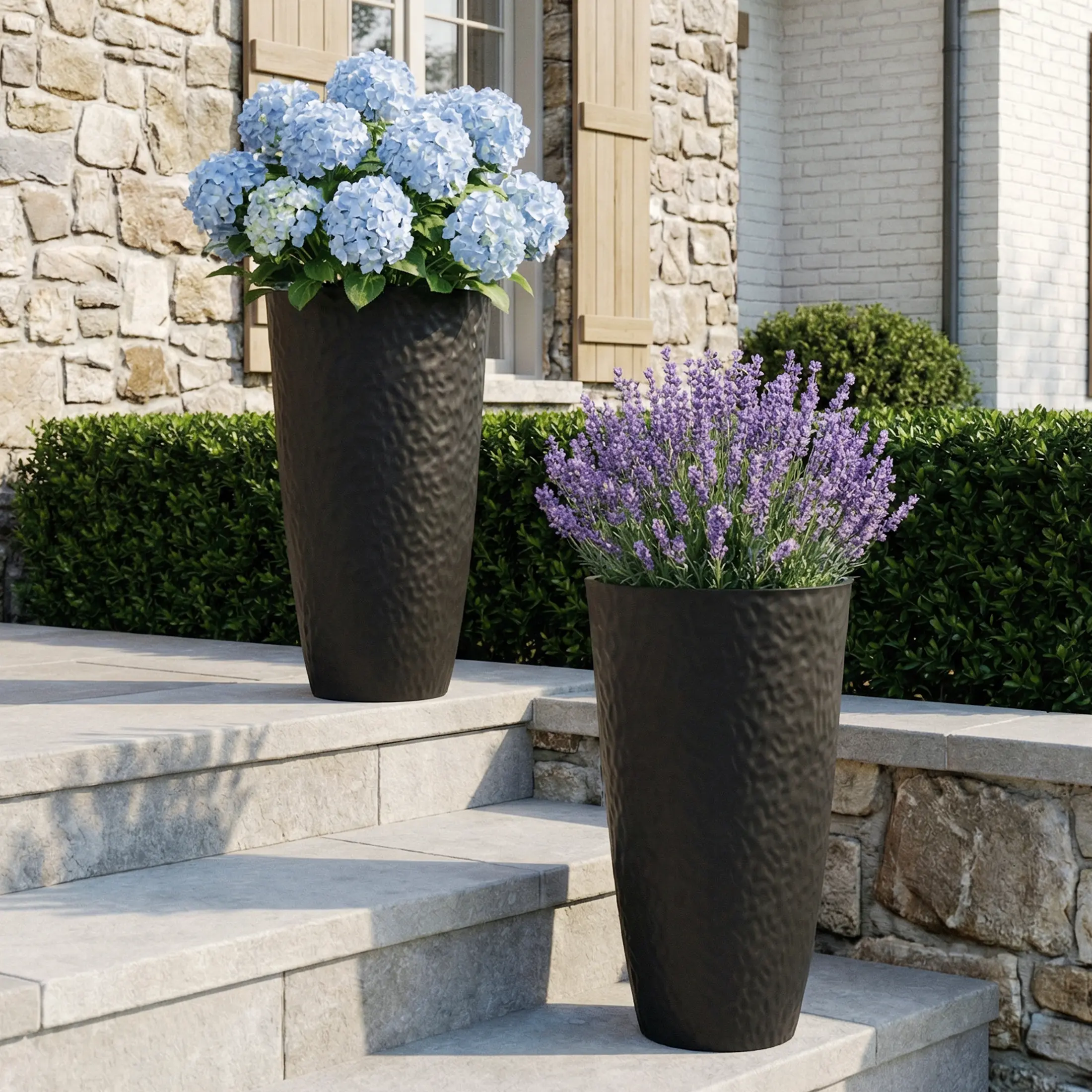 Tall Planter Pots (Set of 2) - 21.7-Inch PE Plastic Outdoor Planters with Lychee Texture Finish and Drainage Holes, Tapered